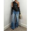 imageMakeMeChic Womens One Shoulder Leather Blouse Asymmetrical Hem Tops with Arm Warmer SetBlack