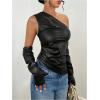 imageMakeMeChic Womens One Shoulder Leather Blouse Asymmetrical Hem Tops with Arm Warmer SetBlack