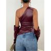 imageMakeMeChic Womens One Shoulder Leather Blouse Asymmetrical Hem Tops with Arm Warmer SetBurgundy
