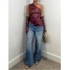 imageMakeMeChic Womens One Shoulder Leather Blouse Asymmetrical Hem Tops with Arm Warmer SetBurgundy