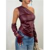imageMakeMeChic Womens One Shoulder Leather Blouse Asymmetrical Hem Tops with Arm Warmer SetBurgundy