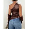 imageMakeMeChic Womens One Shoulder Leather Blouse Asymmetrical Hem Tops with Arm Warmer SetCoffee Brown