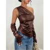imageMakeMeChic Womens One Shoulder Leather Blouse Asymmetrical Hem Tops with Arm Warmer SetCoffee Brown