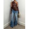 imageMakeMeChic Womens One Shoulder Leather Blouse Asymmetrical Hem Tops with Arm Warmer SetCoffee Brown