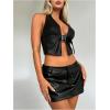 imageMakeMeChic Womens PU Leather Buckle Halter Top Asymmetrical Hem Backless Y2K Crop TopsBlack