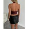 imageMakeMeChic Womens PU Leather Buckle Halter Top Asymmetrical Hem Backless Y2K Crop TopsBurgundy