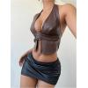 imageMakeMeChic Womens PU Leather Buckle Halter Top Asymmetrical Hem Backless Y2K Crop TopsCoffee Brown