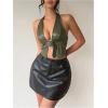 imageMakeMeChic Womens PU Leather Buckle Halter Top Asymmetrical Hem Backless Y2K Crop TopsGreen
