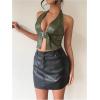 imageMakeMeChic Womens PU Leather Buckle Halter Top Asymmetrical Hem Backless Y2K Crop TopsGreen