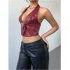 imageMakeMeChic Womens PU Leather Buckle Halter Top Asymmetrical Hem Backless Y2K Crop TopsRed
