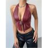imageMakeMeChic Womens PU Leather Buckle Halter Top Asymmetrical Hem Backless Y2K Crop TopsRed