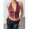 imageMakeMeChic Womens PU Leather Buckle Halter Top Asymmetrical Hem Backless Y2K Crop TopsRed