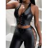 imageMakeMeChic Womens PU Leather Grommet Eyelet Lace Up Front Crop Halter Tops Sexy Backless Slim Fit Tank TopsBlack