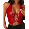 imageMakeMeChic Womens PU Leather Grommet Eyelet Lace Up Front Crop Halter Tops Sexy Backless Slim Fit Tank TopsRed