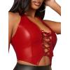imageMakeMeChic Womens PU Leather Grommet Eyelet Lace Up Front Crop Halter Tops Sexy Backless Slim Fit Tank TopsRed