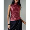 imageMakeMeChic Womens PU Leather Mock Neck Ruched Tank Top Sleeveless Slim Fit Shirt TopsBurgundy