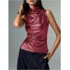 imageMakeMeChic Womens PU Leather Mock Neck Ruched Tank Top Sleeveless Slim Fit Shirt TopsBurgundy