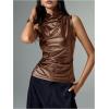 imageMakeMeChic Womens PU Leather Mock Neck Ruched Tank Top Sleeveless Slim Fit Shirt TopsChocolate Brown