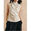 imageMakeMeChic Womens PU Leather Mock Neck Ruched Tank Top Sleeveless Slim Fit Shirt TopsKhaki
