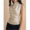 imageMakeMeChic Womens PU Leather Mock Neck Ruched Tank Top Sleeveless Slim Fit Shirt TopsKhaki