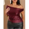 imageMakeMeChic Womens Plus Size Faux Leather One Shoulder Blouse Short Sleeve Ruched Fitted Blouses TopBurgundy