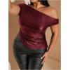 imageMakeMeChic Womens Plus Size Faux Leather One Shoulder Blouse Short Sleeve Ruched Fitted Blouses TopBurgundy