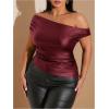 imageMakeMeChic Womens Plus Size Faux Leather One Shoulder Blouse Short Sleeve Ruched Fitted Blouses TopBurgundy