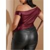 imageMakeMeChic Womens Plus Size Faux Leather One Shoulder Blouse Short Sleeve Ruched Fitted Blouses TopBurgundy