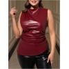 imageMakeMeChic Womens Plus Size Tank Tops PU Leather Crew Neck Sleeveless Ruched Summer Y2k TopRed