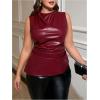 imageMakeMeChic Womens Plus Size Tank Tops PU Leather Crew Neck Sleeveless Ruched Summer Y2k TopRed