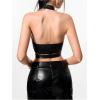 imageMakeMeChic Womens Sleeveless PU Leather Halter Tops Zipper Front Asymmetrical Hem Y2K Crop TopBlack