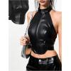 imageMakeMeChic Womens Sleeveless PU Leather Halter Tops Zipper Front Asymmetrical Hem Y2K Crop TopBlack