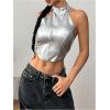 imageMakeMeChic Womens Sleeveless PU Leather Halter Tops Zipper Front Asymmetrical Hem Y2K Crop TopSilver