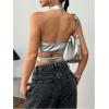 imageMakeMeChic Womens Sleeveless PU Leather Halter Tops Zipper Front Asymmetrical Hem Y2K Crop TopSilver