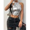 imageMakeMeChic Womens Sleeveless PU Leather Halter Tops Zipper Front Asymmetrical Hem Y2K Crop TopSilver