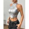 imageMakeMeChic Womens Sleeveless PU Leather Halter Tops Zipper Front Asymmetrical Hem Y2K Crop TopSilver