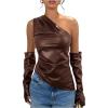 imageMakeMeChic Womens One Shoulder Leather Blouse Asymmetrical Hem Tops with Arm Warmer SetCoffee Brown