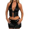 imageMakeMeChic Womens PU Leather Buckle Halter Top Asymmetrical Hem Backless Y2K Crop TopsBlack