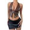 imageMakeMeChic Womens PU Leather Buckle Halter Top Asymmetrical Hem Backless Y2K Crop TopsCoffee Brown