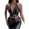 imageMakeMeChic Womens PU Leather Grommet Eyelet Lace Up Front Crop Halter Tops Sexy Backless Slim Fit Tank TopsBlack