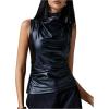 imageMakeMeChic Womens PU Leather Mock Neck Ruched Tank Top Sleeveless Slim Fit Shirt TopsBlack