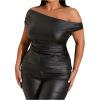 imageMakeMeChic Womens Plus Size Faux Leather One Shoulder Blouse Short Sleeve Ruched Fitted Blouses TopBlack