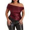 imageMakeMeChic Womens Plus Size Faux Leather One Shoulder Blouse Short Sleeve Ruched Fitted Blouses TopBurgundy