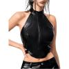 imageMakeMeChic Womens Sleeveless PU Leather Halter Tops Zipper Front Asymmetrical Hem Y2K Crop TopBlack