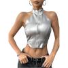 imageMakeMeChic Womens Sleeveless PU Leather Halter Tops Zipper Front Asymmetrical Hem Y2K Crop TopSilver