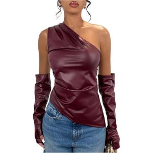 imageMakeMeChic Womens One Shoulder Leather Blouse Asymmetrical Hem Tops with Arm Warmer SetBurgundy