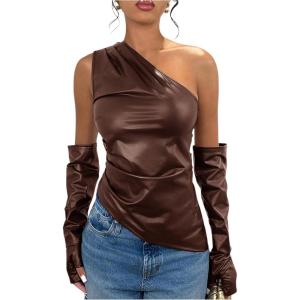 imageMakeMeChic Womens One Shoulder Leather Blouse Asymmetrical Hem Tops with Arm Warmer SetCoffee Brown