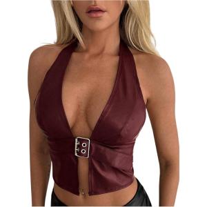 imageMakeMeChic Womens PU Leather Buckle Halter Top Asymmetrical Hem Backless Y2K Crop TopsBurgundy