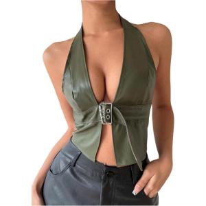 imageMakeMeChic Womens PU Leather Buckle Halter Top Asymmetrical Hem Backless Y2K Crop TopsGreen