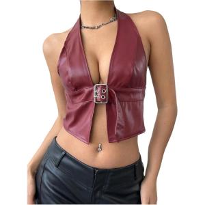 imageMakeMeChic Womens PU Leather Buckle Halter Top Asymmetrical Hem Backless Y2K Crop TopsRed